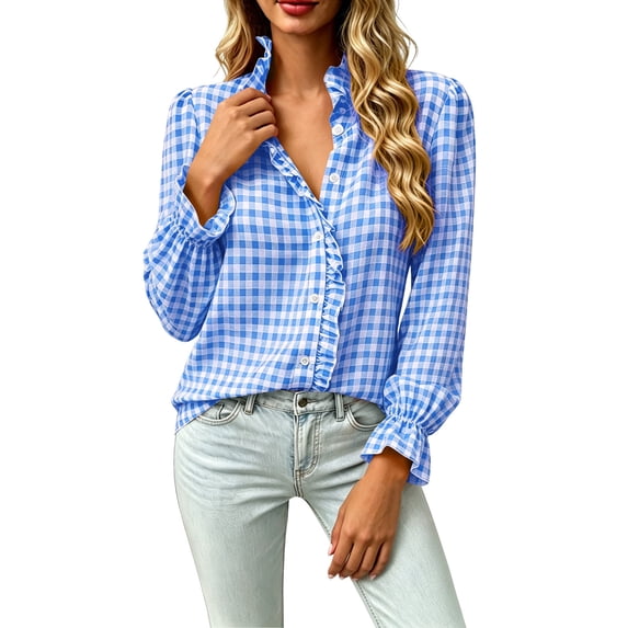 Women's Fashion Gingham Plaid Blouse Ruffle Trim Stand Collar Long Sleeve Shirts Button Down Loose Tunic Tops for Work Daily Wear Light Blue