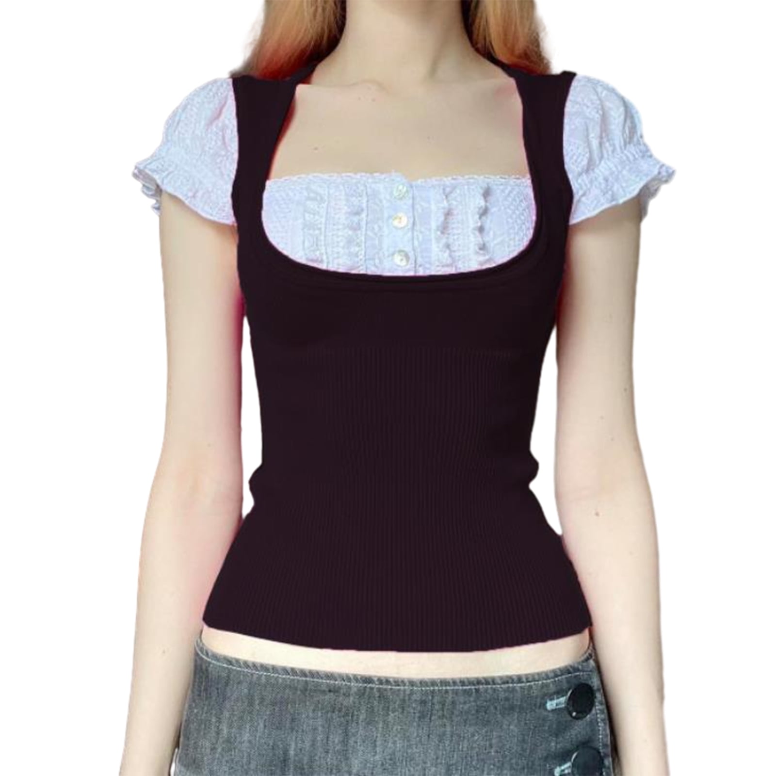 Women's Fashion Going Out Tops Short Sleeve Square Neck Knit Lace
