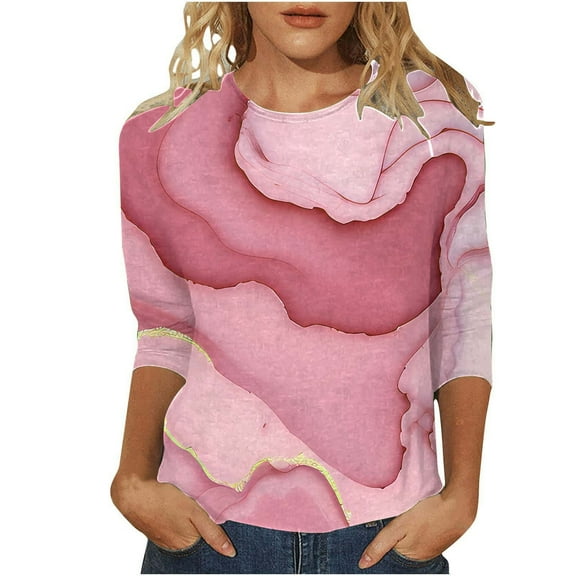 Women's Fashion Gradient Gilding Pattern Crewneck T-Shirt Comfortable Loose Fit Casual Sport Quarter Sleeve Tee