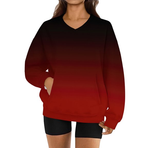 Women's Fashion Gradient Print Long Sleeve V-Neck Sweatshirt for Comfortable and Stylish Wear with Modern Design,Deep Red,L