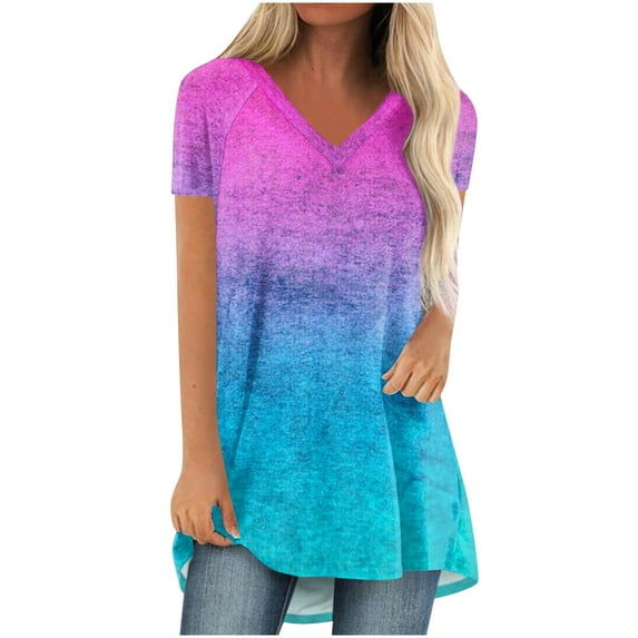 Women's Fashion Gradient Printed Blouse V-Neck Short Sleeve Loose T-Shirt Tops