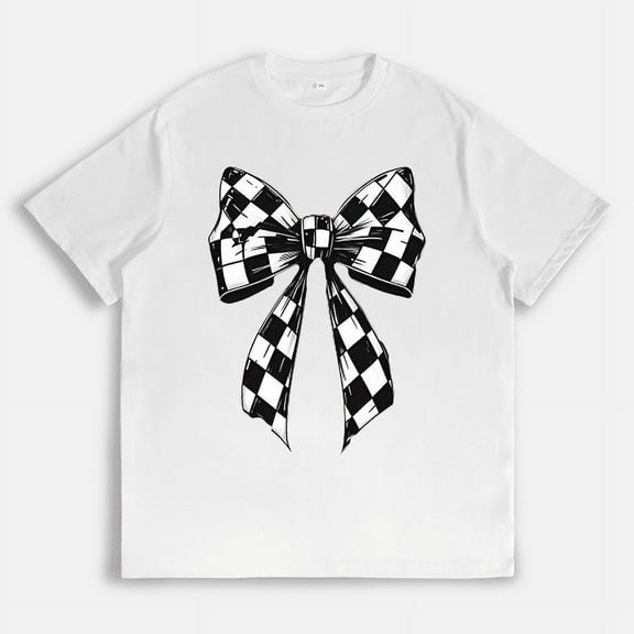 Women's Fashion Graphic Tee – Chic Black & White Checkered Bow Print – Soft Short Sleeve Casual T-Shirt