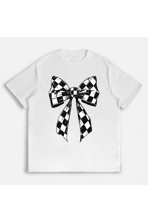 Women's Fashion Graphic Tee – Chic Black & White Checkered Bow Print – Soft Short Sleeve Casual T-Shirt