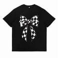 thumbnail image 1 of Checkered Charm Women's Tee – Edgy Bow Graphic Print – Soft Black & White Cotton Tops, 1 of 5