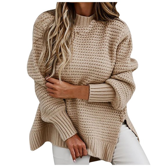 Women's Fashion Half High Neck Loose Solid Long Sleeve Thick Needle Side Split Knitted Sweater Top Comfortable Clothing for Fall,Khaki,S