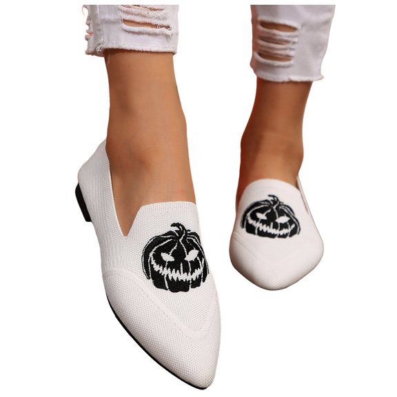Women's Fashion Halloween Ballet Flats Pointed Toe Embroidery Knit Loafers Breathable Casual Dressy Shoes
