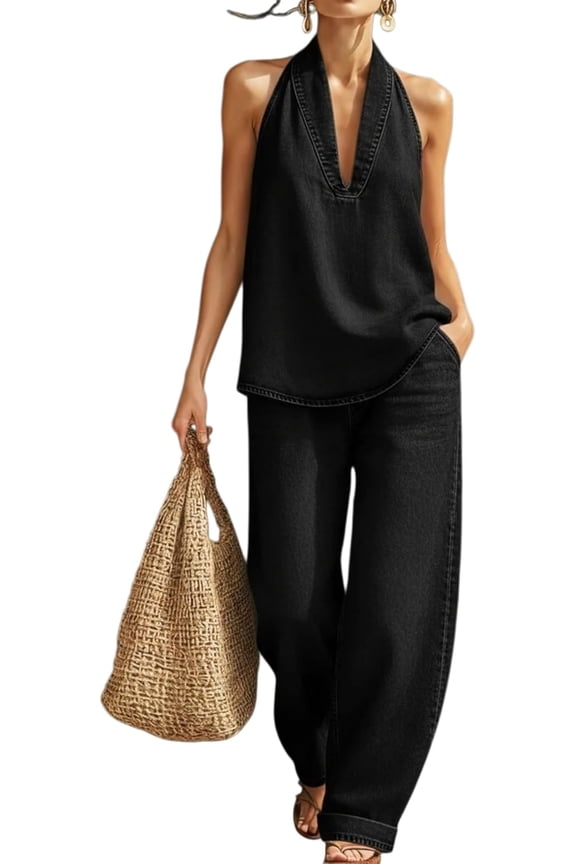 Women's Fashion Halter Denim Sets, Cozy Minimalist Two-Piece Denim Set - Halter Neck Top and High Waisted Wide Leg Pants