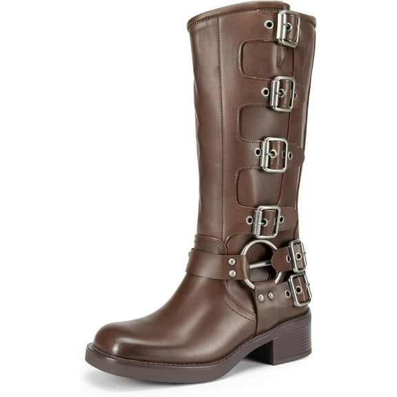 Women's Fashion  High Boots - Chunky Heel  with Pull-On Design, Square Toe with Decorative Buckles