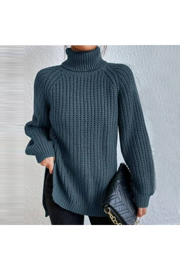 Women's Fashion High Neck Solid Color Pullover Knit Sweater With Split Hem And Sleeves Knit Pullover Sweater Women Guy Sweaters Big And Tall Sweatshirts for Men Architect Jean Co Hoodie Men