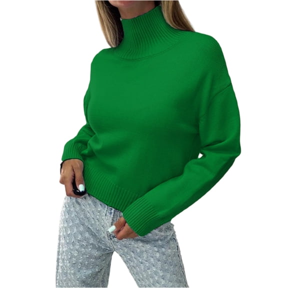 Women's Fashion High-Neck Sweater Wide Solid Color Knit Top for Modern and Elegant Outfits, Perfect for Casual Wear,Dark Green,XL
