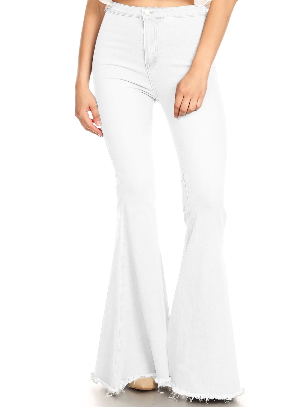Women s High Waist Stretch Wide Leg Denim Bell Bottom Jeans Off White Large Walmart