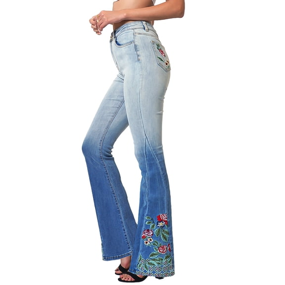 Women's Fashion High Waist Long Denim Bell Bottom Jeans Floral Embroidered Flared Pants, Light Denim, Small