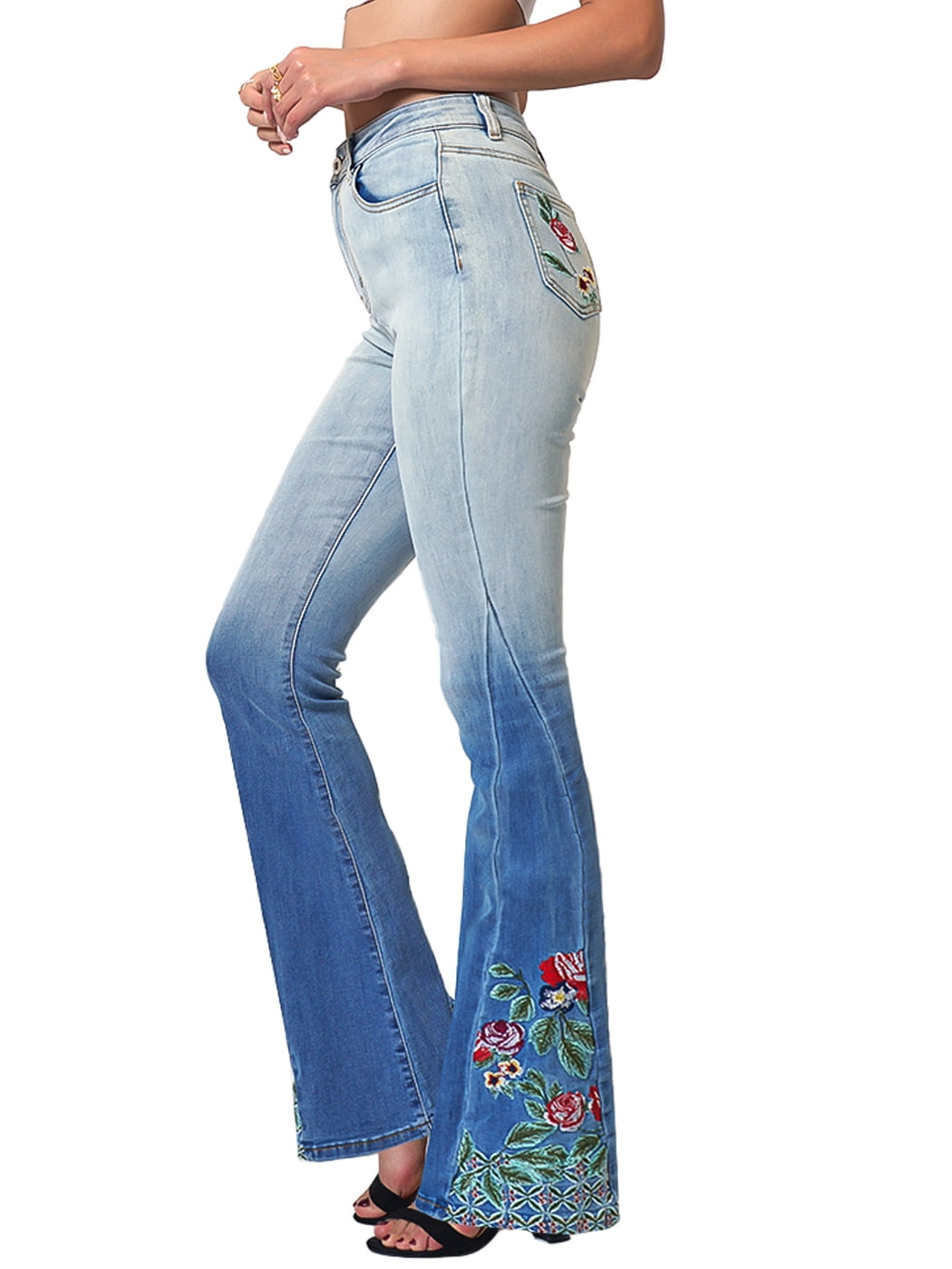 Women's Fashion High Waist Long Denim Bell Bottom Jeans Floral Embroidered  Flared Pants, Light Denim, X-Large