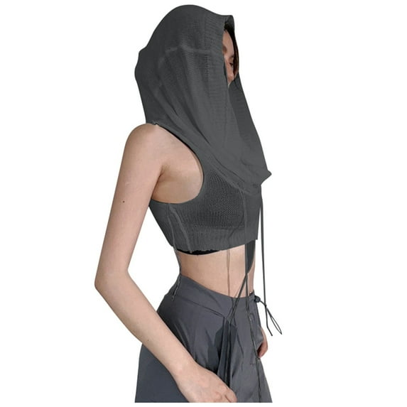Women's Fashion Hooded Sleeveless Crop Knit Sweater Soft Comfortable Casual Solid Color Pullover Top for Fall Winter