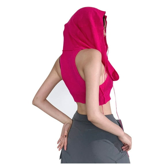 Women's Fashion Hooded Sleeveless Crop Knit Sweater Soft Comfortable Casual Solid Color Pullover Top for Fall Winter