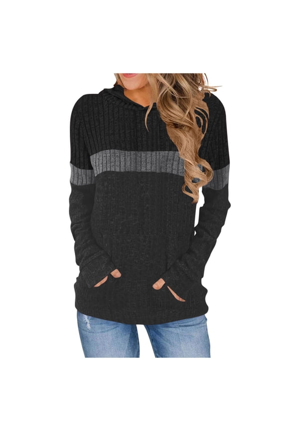 Women's Fashion Hooded Sweaters Color Block Knit Long Sleeve Shirts Casual Pullover Sweater Stylish Warm Fall Hoodie Sweater Comfy Cute Jumper Hoody Sweatshirts Work Loungewear with Pockets