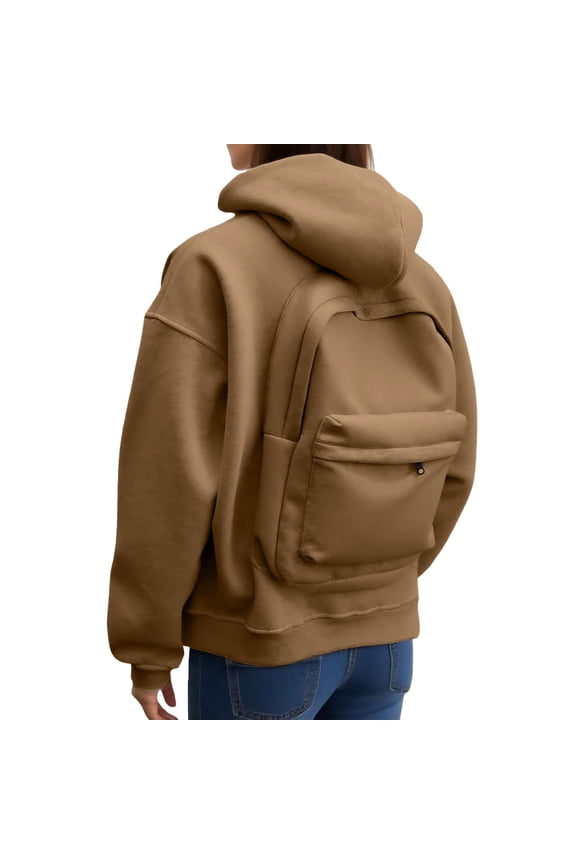Women's Fashion Hoodie with Backpack Design Warm Solid Color Zip Up Sweatshirt, Casual Loose Fit Hooded Jacket for Fall and Winter