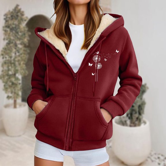 Women's Fashion Hoodies Dandelion Print Full Zip Hoodie Heavyweight Insulated Cozy Outer Sweatshirts for Women Brick Red XXL