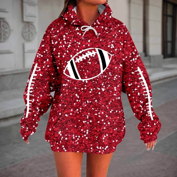 Women's Fashion Hoodies Football Print Hooded Pullover with Pockets Plush Skin-Friendly Sweatshirts for Women Red XXL