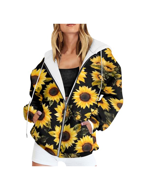 Women's Fashion Hoodies Loose Sunflower Print Full Zip Drawstring Pocket Hooded Long Sleeve Jacket Top Womens Sweatshirts Size XXXXXL