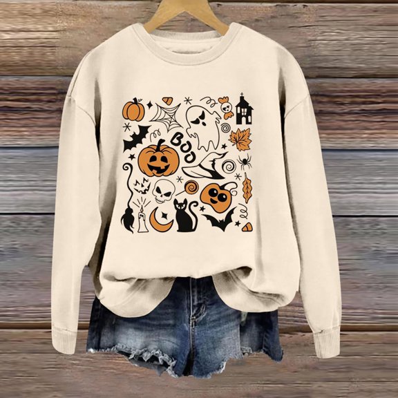 Women's Fashion Hoodies Pill Resistant Durable Cartoon Print Long Sleeve Crew Neck Loose Pullover Sweatshirt Women's Sweatshirt Beige XXL