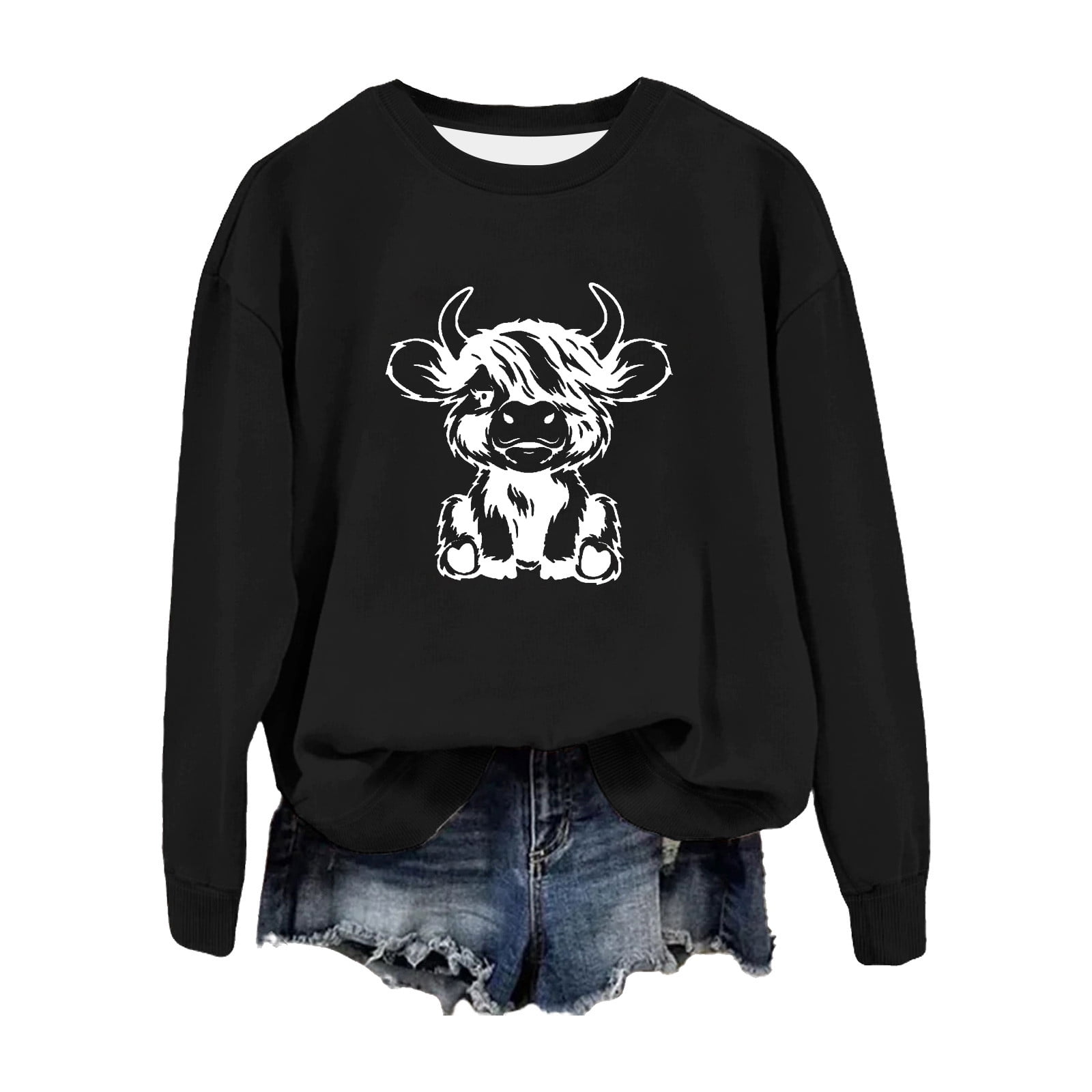 Black Cartoon Cow Print Women's Hoodie
