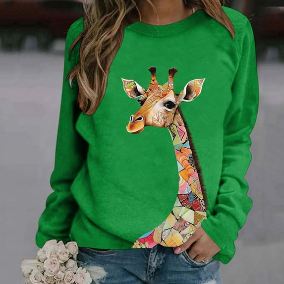 Women's Fashion Hoodies & Sweatshirts Giraffe Printing Sweatshirt Drop Shoulder Hoodie Plus Size Pullover Top Crop Top Sweatshirt for Women Color Short Cute Long Sleeve Shirt Half Zip Ladies