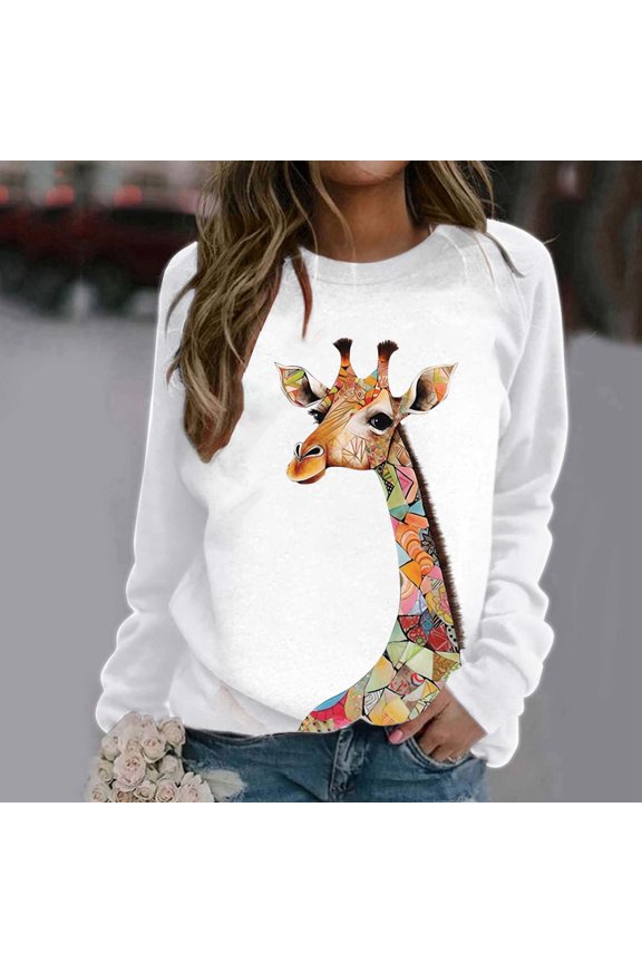 Women's Fashion Hoodies & Sweatshirts Giraffe Printing Sweatshirt Drop Shoulder Hoodie Plus Size Pullover Top Fashion Tops Women Large Top Heavy Sweatshirts for Women Feat Hoodies Women Knit T Shirt
