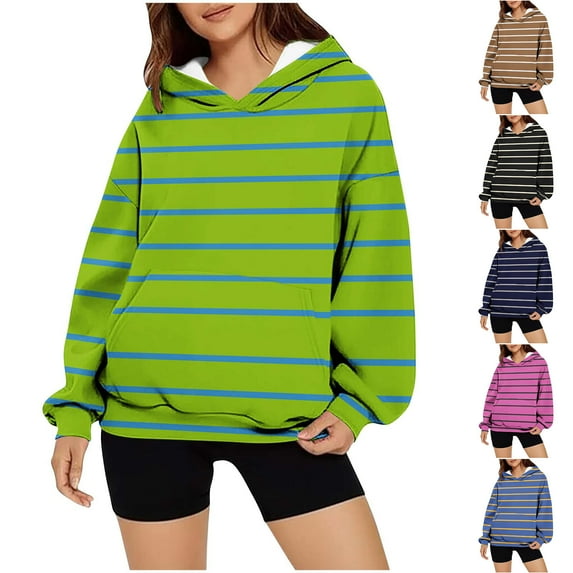 Women's Fashion Hoodies Sweatshirts Striped Printed Loose Blouses Winter Clothes Women 's Trendy Winter Autumn Long Sleeve Hooded Lightweight Pullover Tops Loose Sweatshirt with Pocket Coffee L