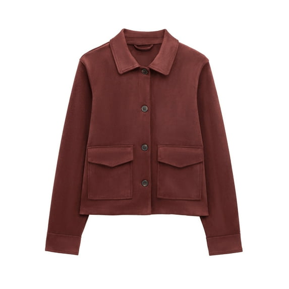 Women's Fashion Jackets Casual Double Pocket Button Down Lapel Coats Long Sleeve Hoodless Solid Color Jacket Wine S