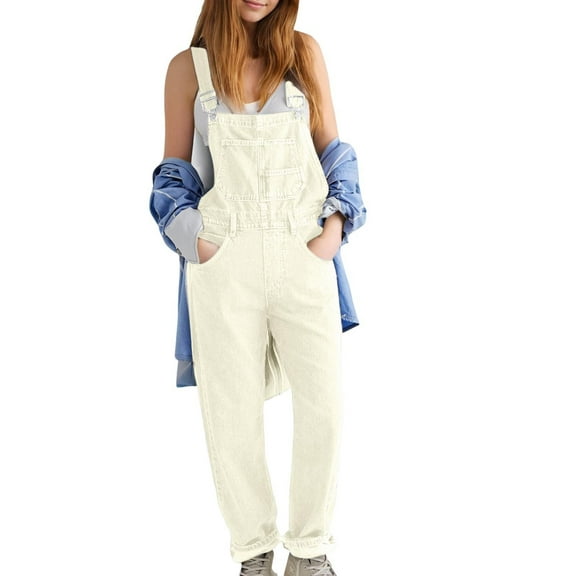 Women's Fashion Jean Bib Overalls Adjustable Straps Ripped Distressed Denim Denim Pants,White,XXL