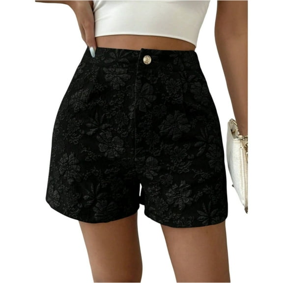 Women's Fashion Jean Shorts with Mid-Rise Elastic Waist and Straight Leg, Embroidered Lace Detail Shorts for Ladies Chic Style, Perfect for Casual Outings and Comfortable Daily Wear,Black M