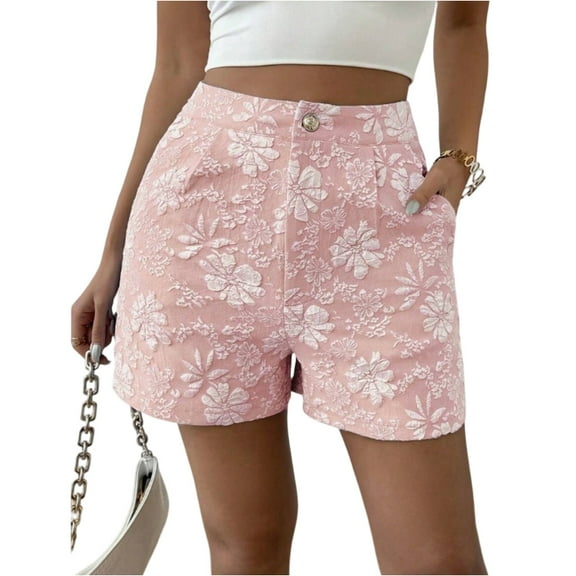 Women's Fashion Jean Shorts with Mid-Rise Elastic Waist and Straight Leg, Embroidered Lace Detail Shorts for Ladies Chic Style, Perfect for Casual Outings and Comfortable Daily Wear,Pink M