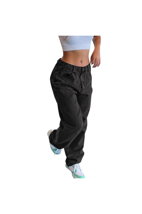 Women's Fashion Jeans, Solid Color, High Waist, Straight & Wide Leg, Polyester Material, XS-XL Sizes