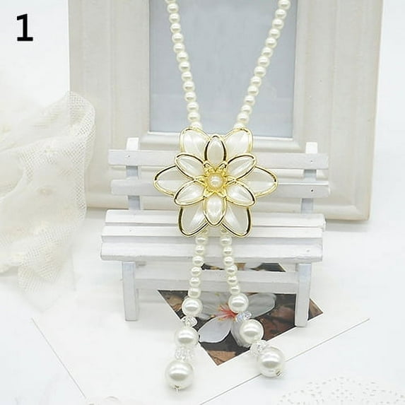 Women's Fashion Jewelry Flower Pendant Faux Pearl Tassels Necklace Sweater Chain
