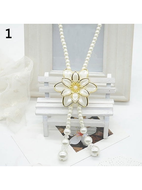 Women's Fashion Jewelry Flower Pendant Faux Pearl Tassels Necklace Sweater Chain