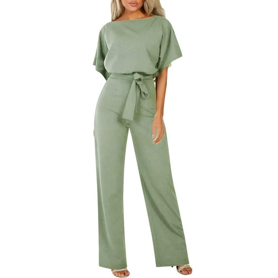 Women's Fashion Jumpsuit Solid Color Lace Up Short Sleeve Stylish Casual Romper Comfortable Summer Outfit