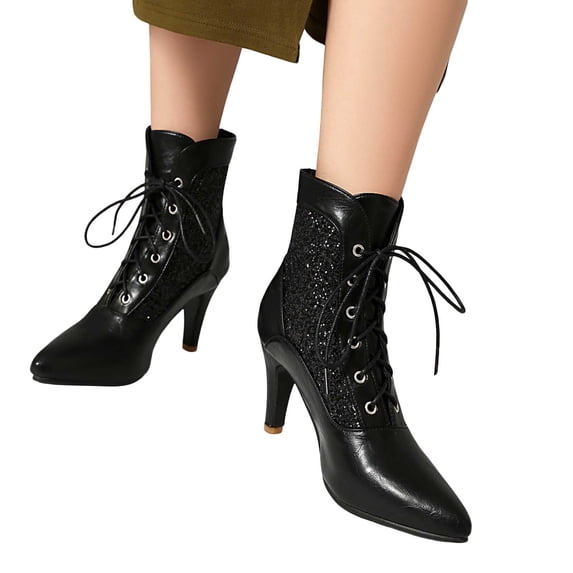 Women's Fashion Kitten Heel Lace Up Ankle Boots Pointed Toe Glitter Sequins Winter Fall Leather Dressy Combat Booties Black Size 7.5