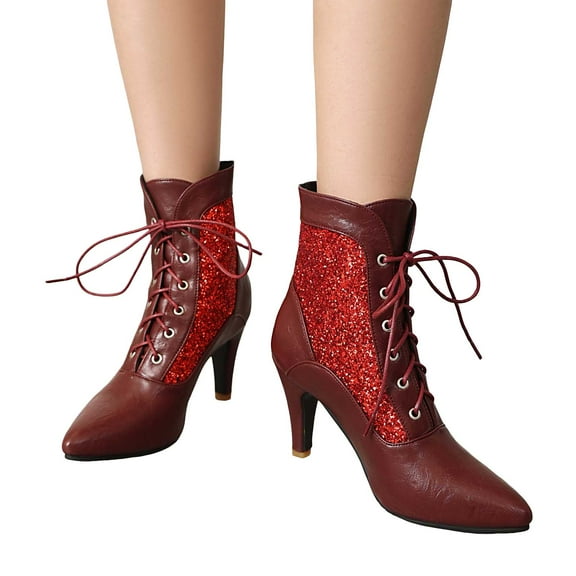 Women's Fashion Kitten Heel Lace Up Ankle Boots Pointed Toe Glitter Sequins Winter Fall Leather Dressy Combat Booties Red Size 6