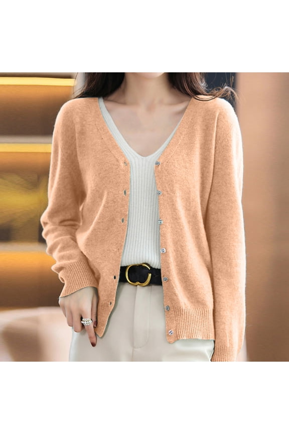 Women's Fashion Knitted Cardigan Coat Solid Color With Short V Neck Spring And Autumn Casual Sweater Loose Black Long Sleeved Blouse Sweaters for Grandma Dharma Sweatshirt Pullover Sweatshirt Ladies