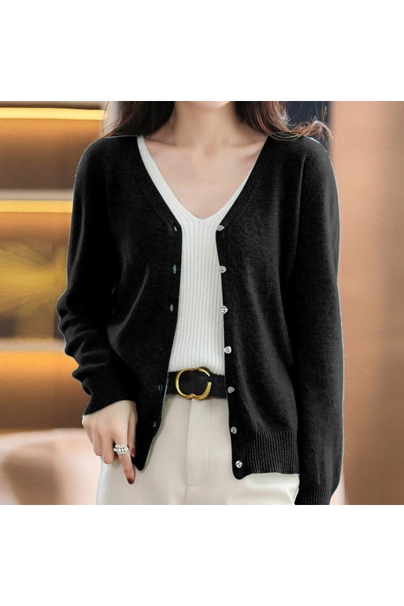 Women's Fashion Knitted Cardigan Coat Solid Color With Short V Neck Spring And Autumn Casual Sweater Loose Black Long Sleeved Blouse Sweaters for Grandma Dharma Sweatshirt Pullover Sweatshirt Ladies