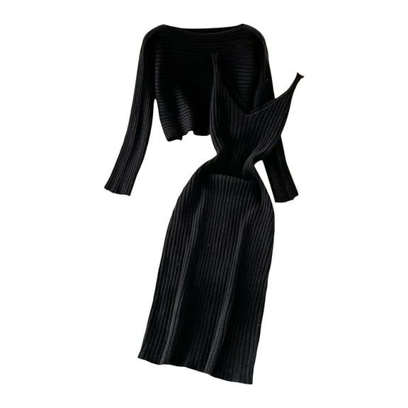 Women's Fashion Knitted Dress Set - Pullover Top & Bodycon Midi Dress, Long Sleeve, Solid Color, Stretchy Fabric, Ideal for Christmas & Proms