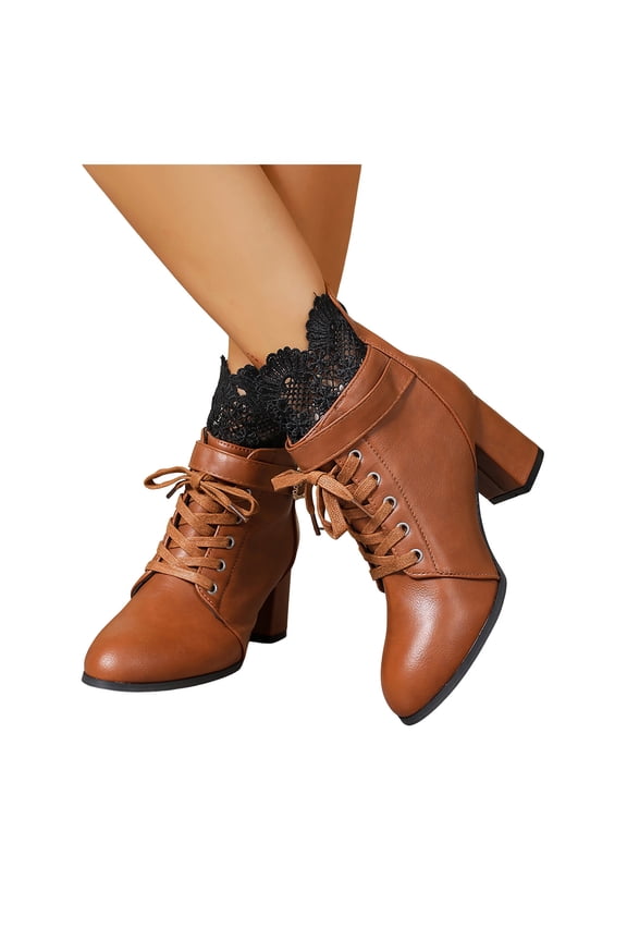Women's Fashion Lace Ankle Boots Chunky High Heel Lace Up Gothic Booties Pointed Toe Buckle Strap Combat Boots
