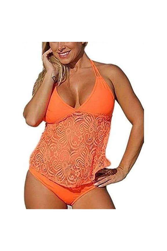 Women's Fashion Lace Mesh Swimwear Two Piece Halter Modest Tankini Swimsuits Top & Bottom
