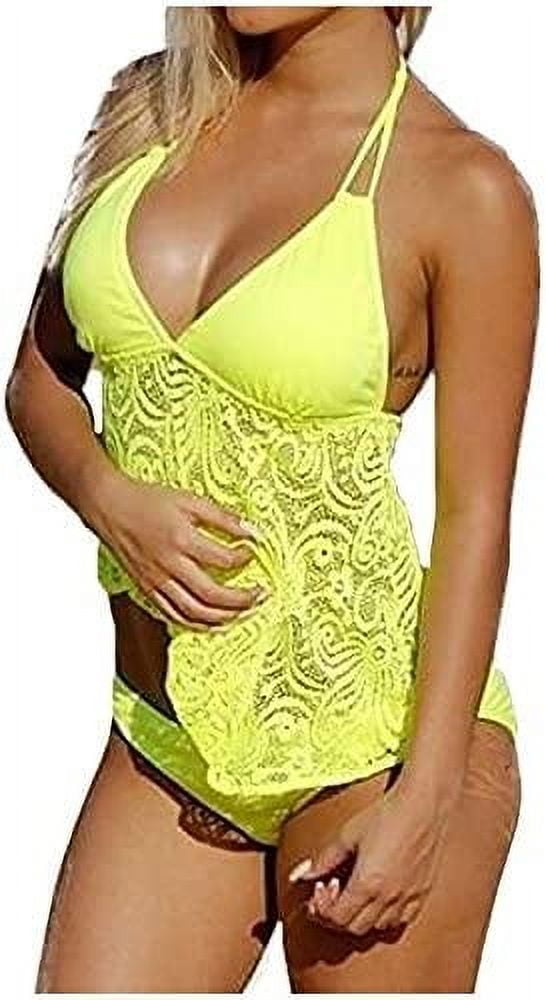 Women's Fashion Lace Mesh Swimwear Two Piece Halter Modest Tankini - Main Image