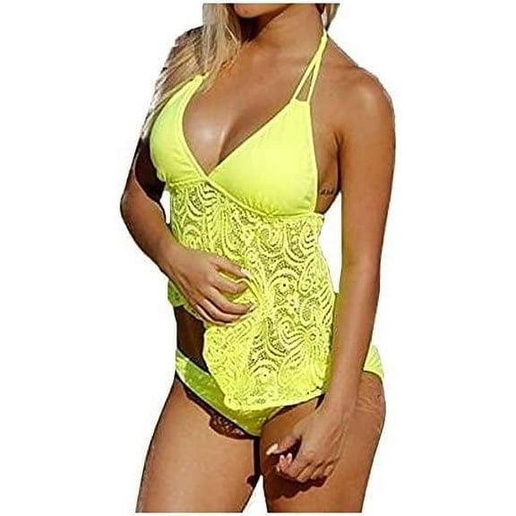 Women's Fashion Lace Mesh Swimwear Two Piece Halter Modest Tankini Swimsuits Top & Bottom