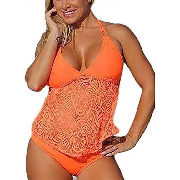 Women's Fashion Lace Mesh Swimwear Two Piece Halter Modest Tankini Swimsuits Top & Bottom