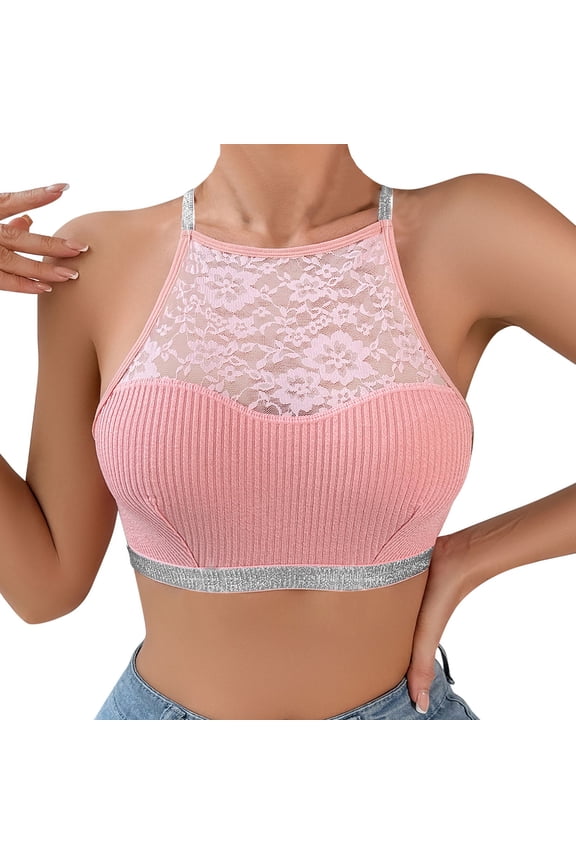 Women's Fashion Lace Spliced Vest Bra with Silver Ribbon Detail Backless Design for Outerwear