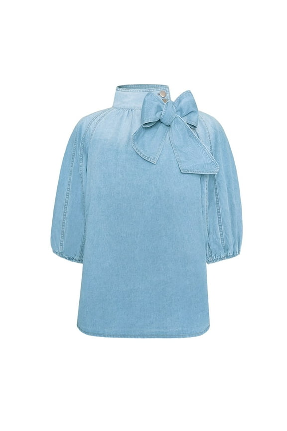 Women's Fashion Lace-Up High-Collar Denim Top - Blue Sleeve Jacket, Loose Boyfriend Style, Buttoned Design - S-XXL