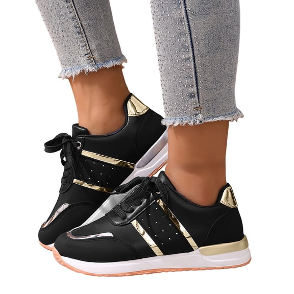 Women's Fashion Lace Up Sneakers Breathable Slip On Running Shoes Waterproof Non Slip Walking Tennis Shoes Black Size 9